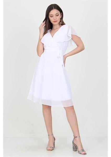 Dipmoda Kadın Kruvaze Yaka Bağlama Detaylı Yeni Sezon Şifon Elbise DP8081