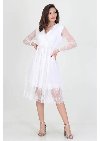 Neseli Butik Kruvaze Yaka Eteği Güpür Detaylı Yeni Sezon Elbise DP0010