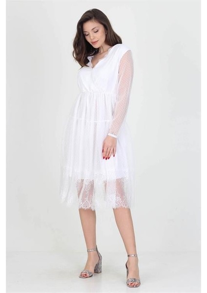 Neseli Butik Kruvaze Yaka Eteği Güpür Detaylı Yeni Sezon Elbise DP0010 modelleri