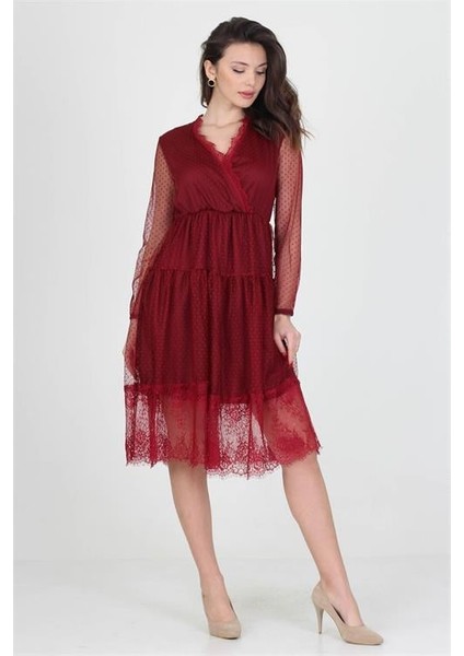 Neseli Butik Kruvaze Yaka Eteği Güpür Detaylı Yeni Sezon Elbise DP0010 modelleri