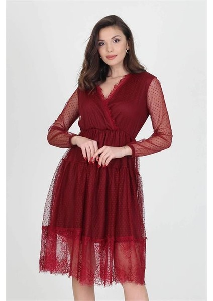 Neseli Butik Kruvaze Yaka Eteği Güpür Detaylı Yeni Sezon Elbise DP0010 indirimleri