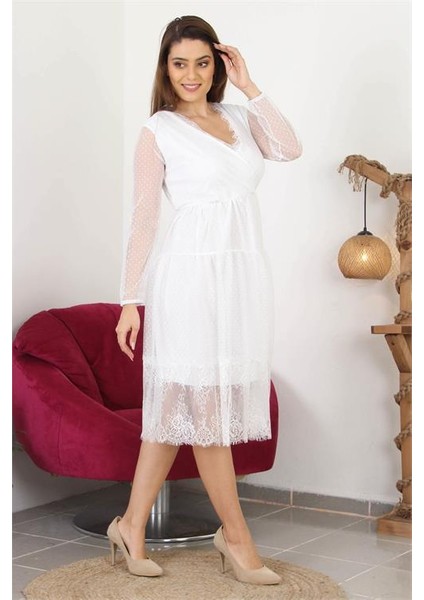 Dipmoda Kadın Kruvaze Yaka Eteği Güpür Detaylı Yeni Sezon Elbise APCX10 fiyatları