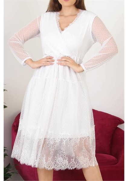 Dipmoda Kadın Kruvaze Yaka Eteği Güpür Detaylı Yeni Sezon Elbise APCX10 indirimleri