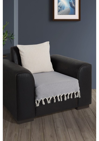 Oturma Yerini Kapatan Saçaklı Koltuk Örtüsü %100 Pamuk | Berjer Örtüsü Koltuk Şalı 70X95 cm Gri