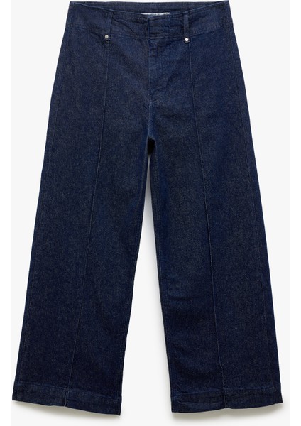 Yüksek Bel Geniş Paça Nervürlü Düğmeli Jean Pantolon - Culotte Jeans