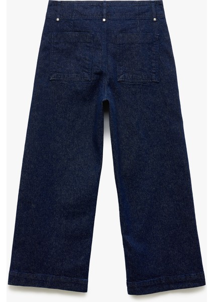 Yüksek Bel Geniş Paça Nervürlü Düğmeli Jean Pantolon - Culotte Jeans