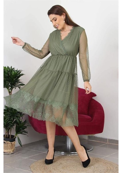 Dipmoda Kadın Kruvaze Yaka Eteği Güpür Detaylı Yeni Sezon Elbise APCX10