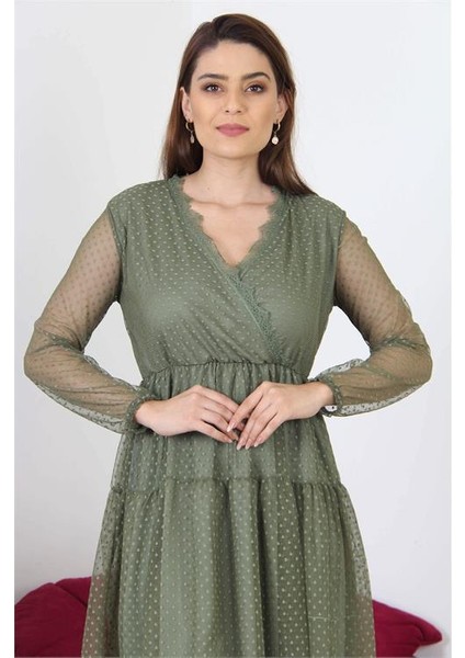 Dipmoda Kadın Kruvaze Yaka Eteği Güpür Detaylı Yeni Sezon Elbise APCX10 fırsatları