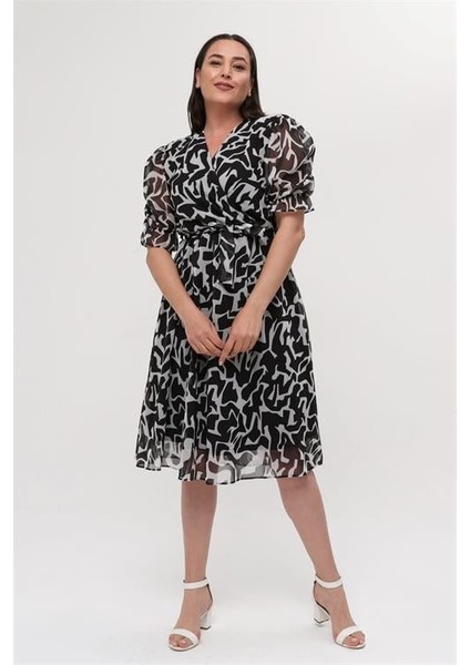 Kadın Büyük Beden Kruvaze Şifon Elbise DPNM8063