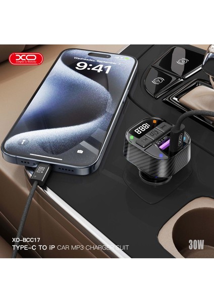 BCC17 Araç Bluetoothv5.3 Mp3 ve Şarj Cihazı,lightning Örgü KABLO,30WPD Hızlı Şarj,fm Verici,mp3/wav