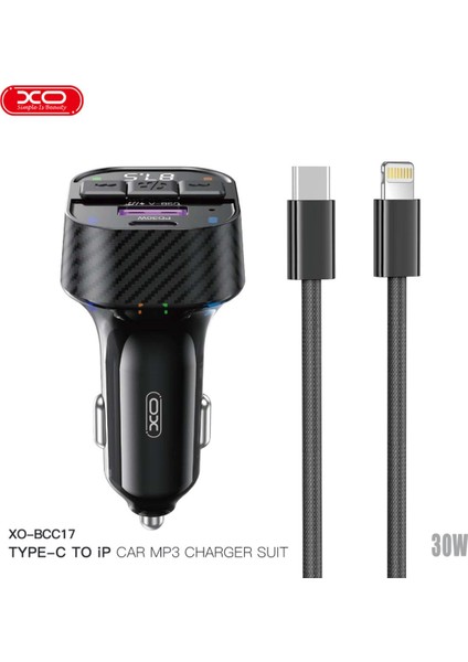 BCC17 Araç Bluetoothv5.3 Mp3 ve Şarj Cihazı,lightning Örgü KABLO,30WPD Hızlı Şarj,fm Verici,mp3/wav
