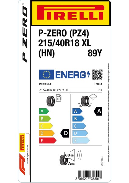 215/40 R18 89Y Xl (Hn) P-Zero (Pz4) Oto Yaz Lastiği (Üretim: 2025)