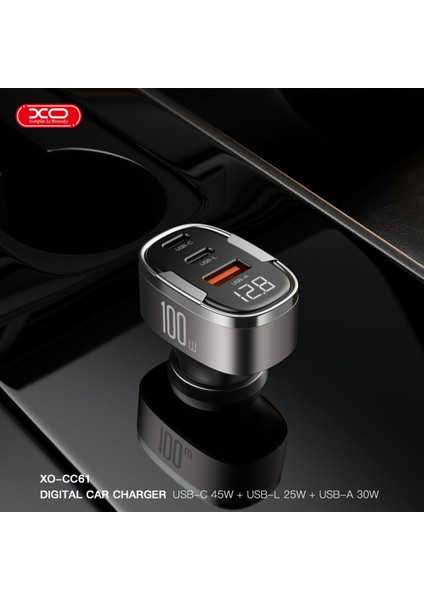 100W Araç Hızlı Şarj Adaptörü CC61,DIJITAL Ekran|hızlı Şarj,1x Usb-C,1x Usb-A,1x Lightning