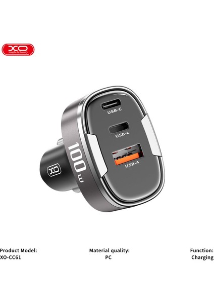 100W Araç Hızlı Şarj Adaptörü CC61,DIJITAL Ekran|hızlı Şarj,1x Usb-C,1x Usb-A,1x Lightning