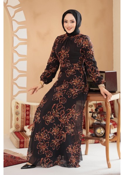 Çiçek Desenli Siyah Tesettür Elbise 279911S