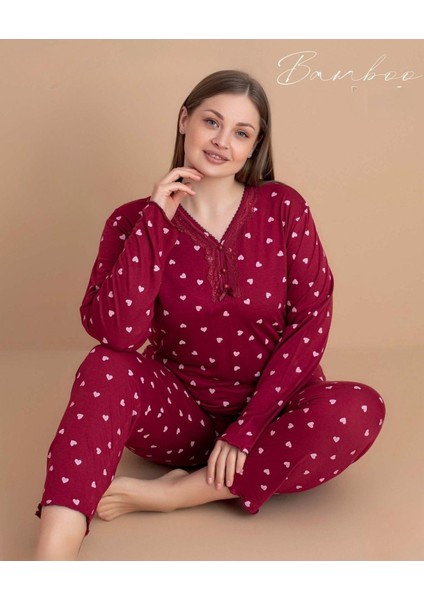 Kadın Büyük Beden Dantel Yaka Bambu Uzun Kol Ince Pijama Takımı 5547 - 1 Adet