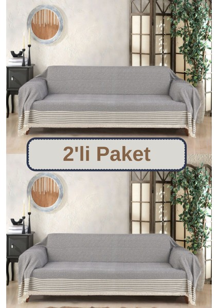 Koyu Gri Pamuklu Kolları Örten 310 cm Koltuk Kanepe Çekyat Örtüsü Önden Saçaklı Kaymaz Çok Amaçlı