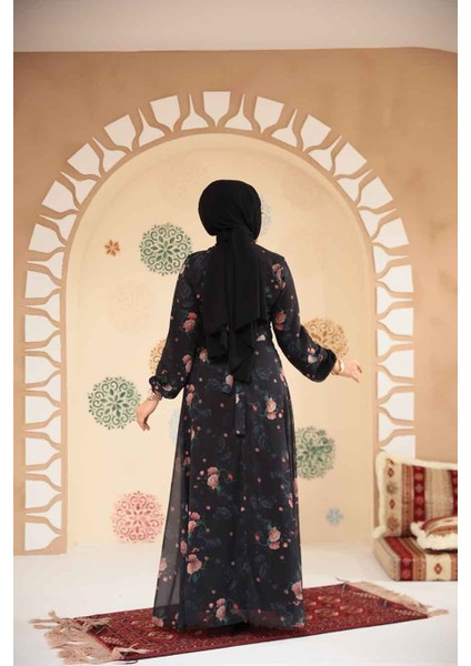 Çiçek Desenli Siyah Tesettür Elbise 279908S modelleri