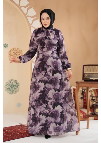 Çiçek Desenli Koyu Lila Tesettür Elbise 279910KLILA