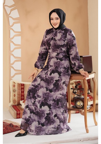 Çiçek Desenli Koyu Lila Tesettür Elbise 279910KLILA fiyatları