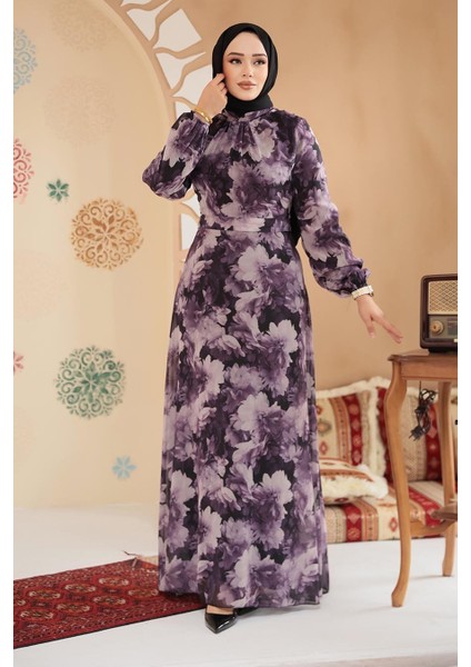 Çiçek Desenli Koyu Lila Tesettür Elbise 279910KLILA modelleri