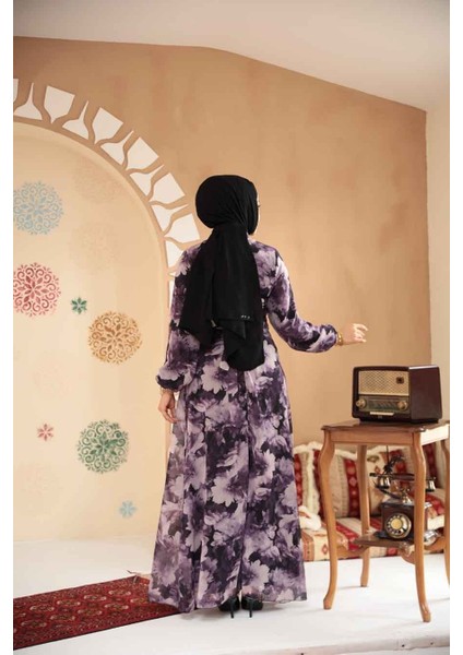 Çiçek Desenli Koyu Lila Tesettür Elbise 279910KLILA fırsatları