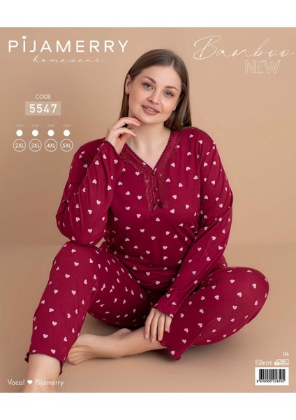 Kadın Büyük Beden Dantel Yaka Bambu Uzun Kol Ince Pijama Takımı 5547 - 1 Adet