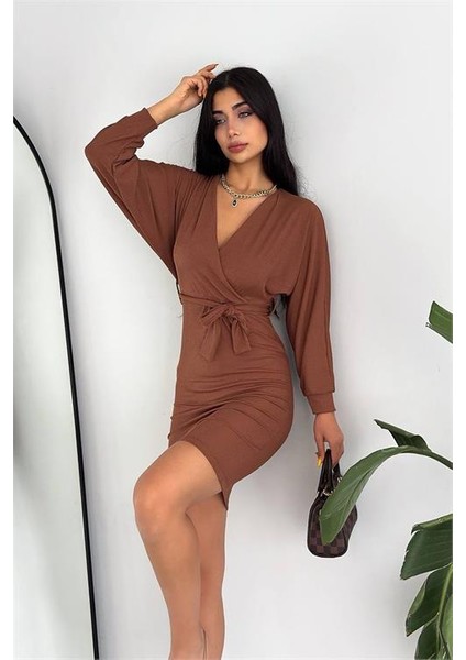 Dipmoda Kadın Kuşaklı Kruvaze Yaka Örme Elbise KKLF47