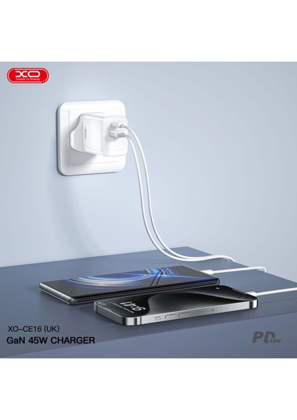 CE16 Çoklu Hızlı Şarj Adaptörü,gan,2 Cihaza Kadar Şarj,1 Type-C 1 USB-A,45W Max Power,akım Korumalı