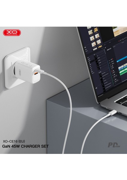 CE16 Çoklu Hızlı Şarj Adaptörü,gan,2 Cihaza Kadar Şarj,1 Type-C 1 USB-A,45W Max Power,akım Korumalı