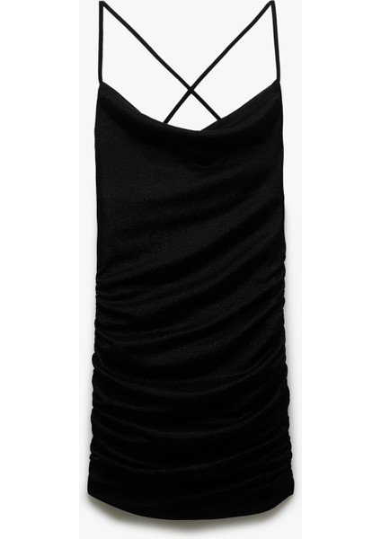 Drapeli Sırt Detaylı Simli Ip Askılı Bodycon Mini Abiye Elbise