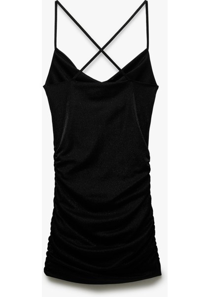 Drapeli Sırt Detaylı Simli Ip Askılı Bodycon Mini Abiye Elbise