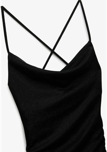 Drapeli Sırt Detaylı Simli Ip Askılı Bodycon Mini Abiye Elbise