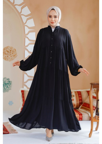 Kat Piliseli Siyah Tesettür Elbise 20612S