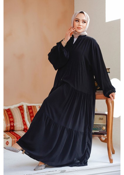 Kat Piliseli Siyah Tesettür Elbise 20612S modelleri