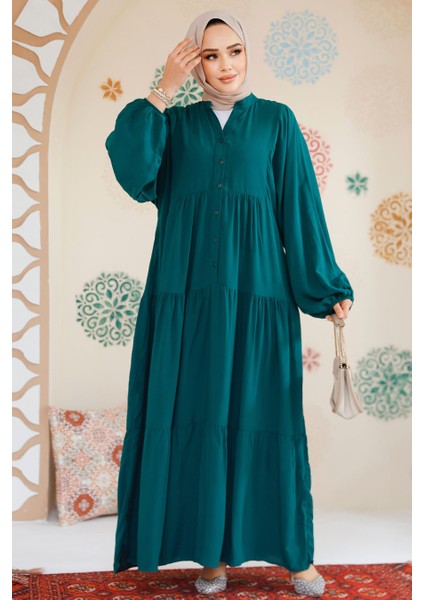 Kat Piliseli Zümrüt Yeşili Tesettür Elbise 20612ZY