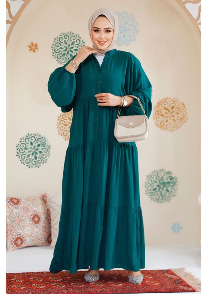 Kat Piliseli Zümrüt Yeşili Tesettür Elbise 20612ZY fiyatları