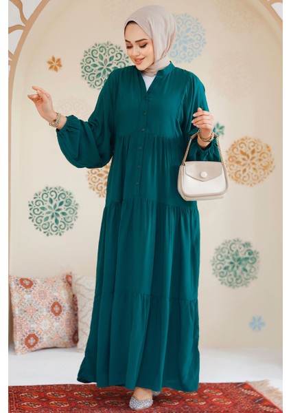 Kat Piliseli Zümrüt Yeşili Tesettür Elbise 20612ZY modelleri