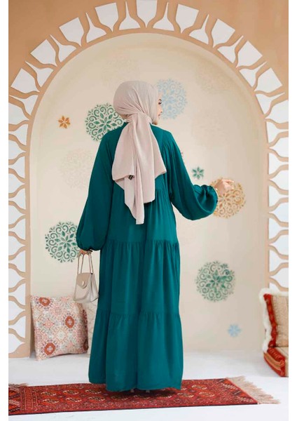 Kat Piliseli Zümrüt Yeşili Tesettür Elbise 20612ZY fırsatları