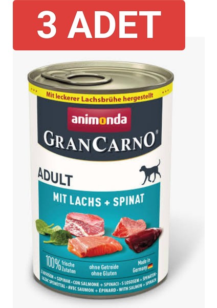 gran Carno Adult Somonlu ve Ispanaklı Yetişkin Köpek Konservesi 400gr x 3 adet