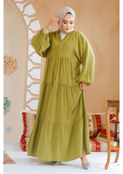 Kat Piliseli Yağ Yeşili Tesettür Elbise 20612YY