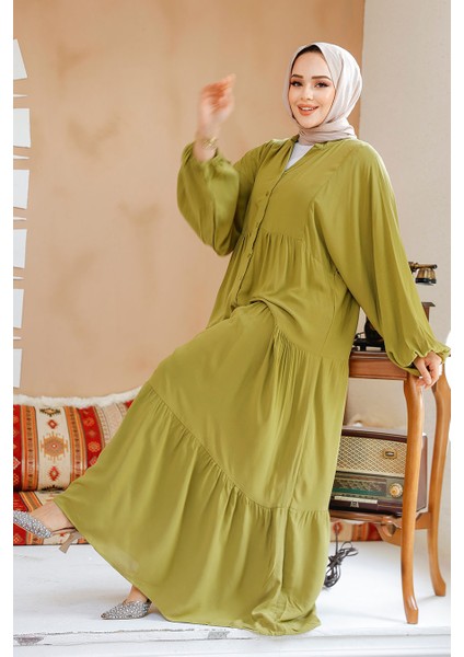 Kat Piliseli Yağ Yeşili Tesettür Elbise 20612YY fiyatları