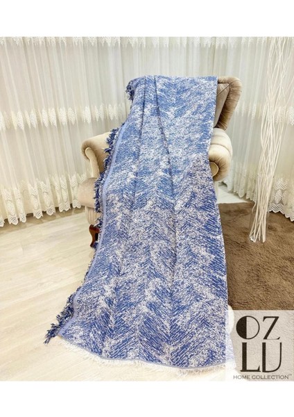 Lüks Pamuklu Koltuk-Çekyat Örtüsü 170X220 Alaca Saks Mavi Çift Taraflı Terletmez Kaymaz