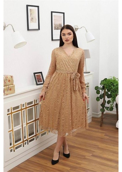Dipmoda Kadın Bağlama Detaylı Dantel Elbise RSSN619 - Camel