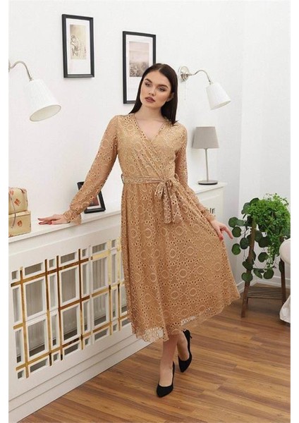 Dipmoda Kadın Bağlama Detaylı Dantel Elbise RSSN619 - Camel fiyatları