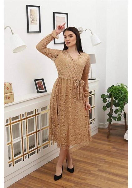Dipmoda Kadın Bağlama Detaylı Dantel Elbise RSSN619 - Camel modelleri
