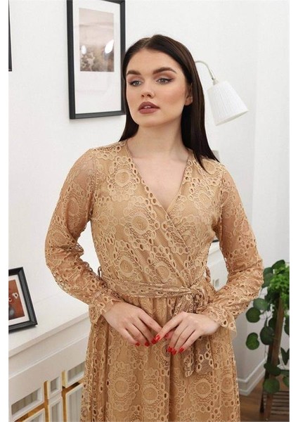 Dipmoda Kadın Bağlama Detaylı Dantel Elbise RSSN619 - Camel fırsatları