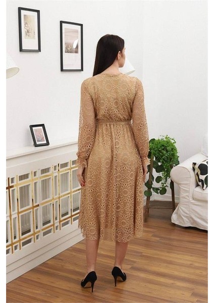Dipmoda Kadın Bağlama Detaylı Dantel Elbise RSSN619 - Camel indirimleri