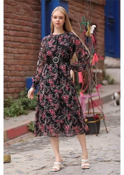 Dipmoda Kadın Kırmızı Kemerli Yakası Büzgülü Uzun Şifon Elbise RSSN27