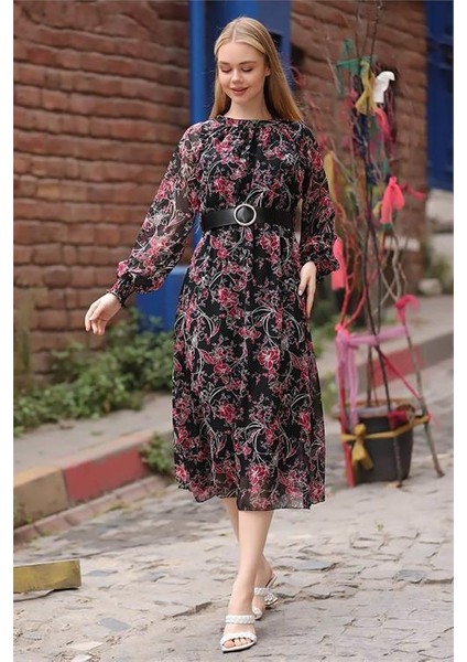 Dipmoda Kadın Kırmızı Kemerli Yakası Büzgülü Uzun Şifon Elbise RSSN27 fiyatları